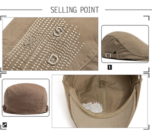 Detailed close-up view of khaki cotton flat cap featuring 3D letter embroidery work