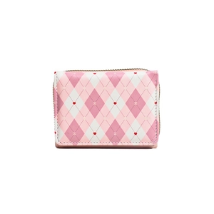Pink and white quilted bifold wallet with gold zipper and multi-card slots