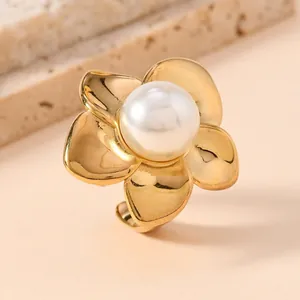 Flower Artificial Pearl Open Ring Stainless Steel Gold Plated Five Petal Adjustable Statement Jewelry For Women