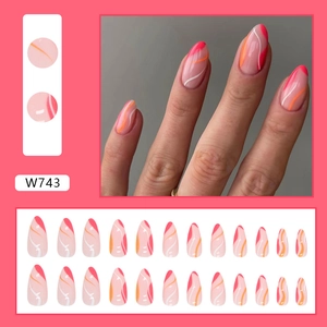 Almond shape press-on nails with abstract orange waves and pink collage pattern