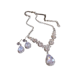 Elegant silver-toned necklace and earrings set featuring sparkling teardrop zircon pendants