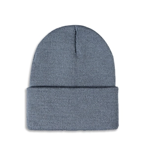 Macro shot of fine knit texture on a mid-grey cuffed winter beanie hat for cold weather
