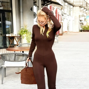 Detail of slim fit dark coffee long sleeve jumpsuit with stand collar and zipper closure