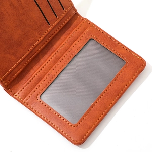 Men's brown PU leather wallet with multiple card slots and clear ID window view