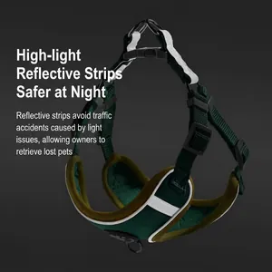 Durable dark green reflective dog harness with adjustable straps and metal ring