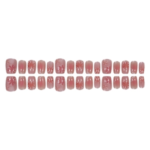 24pcs pink gradient press-on nails with red floral patterns and shimmering glitter finish
