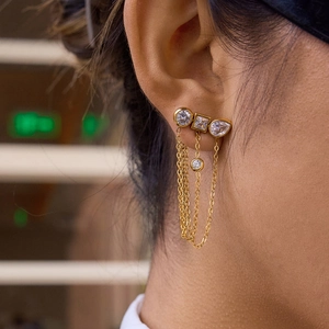 Gold 18K tassel earrings with round, square, and pear-shaped zircon stones for women