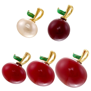 Detail of five cherry and apple pendants with pearls, red gemstones and gold stems