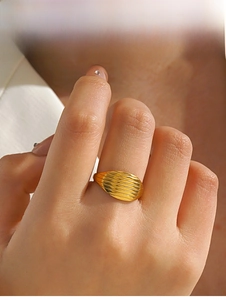 Detail of 18K gold-plated titanium ring featuring fine horizontal parallel stripes texture