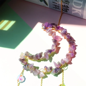 Celestial crescent moon suncatcher with purple amethyst stones and rainbow prism crystal