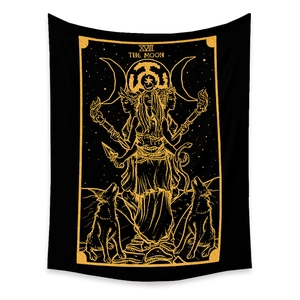 Detailed view of black and gold Moon Tarot tapestry with XVIIII Roman numeral design