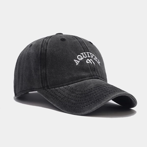 Washed dark grey baseball cap with white AQUIVER embroidery and vintage cotton texture