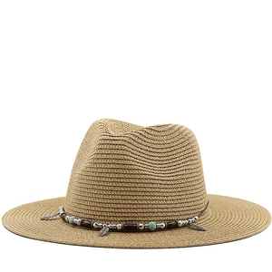 Straw Fedora Hat Sun Protection Breathable Summer Beach Travel Bohemian Ethnic Beaded Band Feather Charm For Women Men