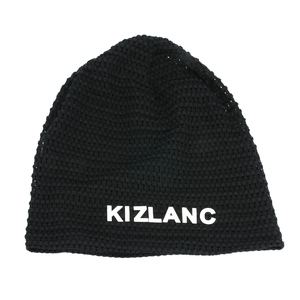 Close-up of black breathable hollow knit beanie with white KIZLANC logo patch