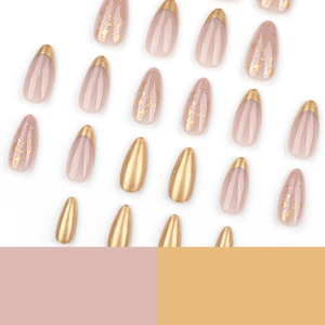 Short almond press-on nails set with glitter, gold foil, and French metallic design