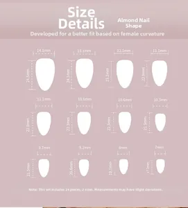 Size chart showing width and length for 24pcs 3D butterfly almond shape press-on nails