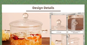 Detailed close-up of heat-resistant glass pot features and lid with ventilation holes