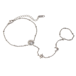 Bracelet bague argenté avec breloques soleil lune étoile en acier plaqué or 18 carats