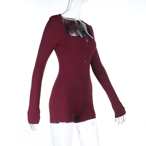Detailed side view of wine red square neck romper with buttons on slim fit knit fabric