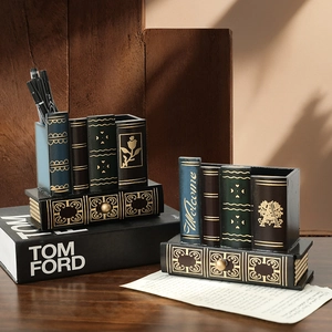 Porte-Stylo En Forme De Livre Vintage Organisateur De Bureau Avec Tiroir Rétro Résine Décor De Bureau Étude