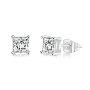 Detail of square-cut cubic zirconia earrings in silver-tone four-prong setting