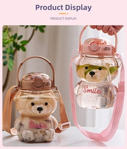 Detail of cute bear-shaped water bottle showing the adjustable strap and hidden straw
