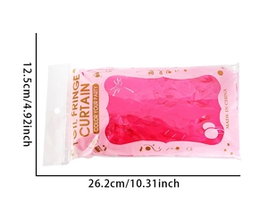 Pink foil fringe curtain package dimensions showing 12.5cm by 26.2cm sizing detail
