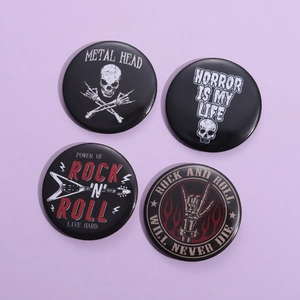 Set of 4 rock metal tinplate badges with skull, guitar and horror graphic designs
