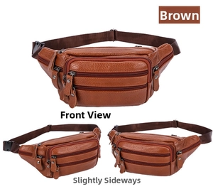 Front and side views of brown leather waist bag showing pebbled texture and zippers