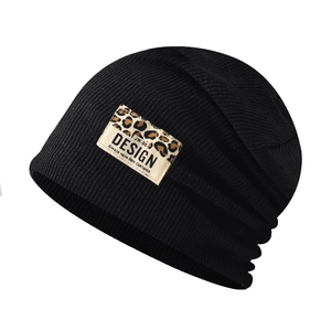 Black ribbed knit beanie for men and women with a leopard print design patch