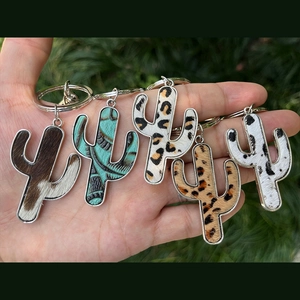 Cactus Shaped Keychain Genuine Leather Cowhide Western Style Leopard Cow Print Bag Pendant Accessory Women