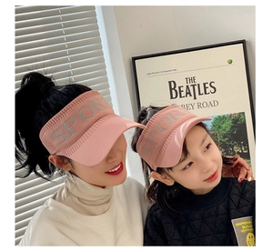Pink knit sport sun visor for women and kids with a simple letter embroidery detail