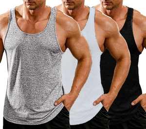 Three-color athletic tanks in grey, white, and black featuring breathable knitted fabric