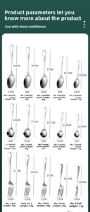 Detailed size chart for stainless steel spoons and forks with precise measurements