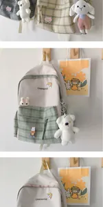 Detail view of beige and green plaid backpack with cute badges and teddy bear charm