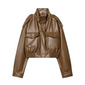Brown faux leather moto jacket with high collar and large utility pockets on a white background