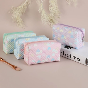 Heart Pattern Quilted Makeup Bag PU Leather Waterproof Cosmetic Pouch Macaron Color Travel Toiletry Organizer Handheld Case