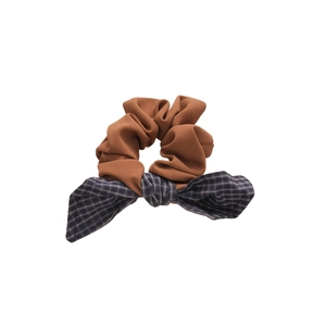 Korean style brown fabric scrunchie with blue-grey checkered bow decoration for women