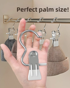 Macro shot of stainless steel hook clip with anti-slip grip for hanging closet accessories