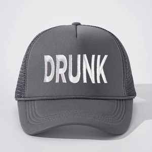 Classic grey trucker hat with white DRUNK embroidery and breathable mesh back
