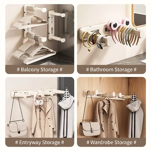 Wall-mounted retractable laundry hanger organizer with multi-hooks for balcony and bathroom