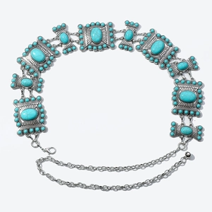 Bohemian silver zinc alloy waist chain belt with engraved turquoise inlays and lobster clasp