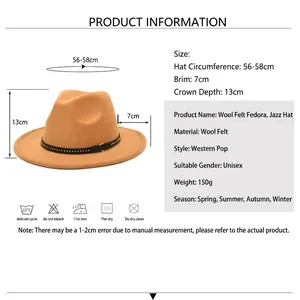 Camel wool felt fedora with rivet band, brim 7cm, crown 13cm, size 56-58cm for unisex wear