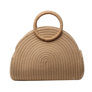 Handmade woven straw summer beach bag with circular handles in khaki finish
