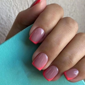 French Tip Press On Nails Short Square Hot Pink Summer False Nails For Women Bright Neon Manicure