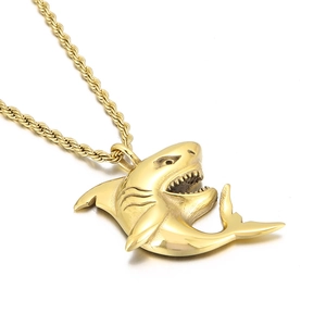 Polished gold shark pendant necklace featuring a thick twisted rope chain for men and women