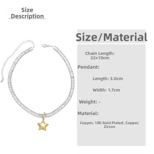 Size chart showing 18k gold heart and star necklace dimensions and material details