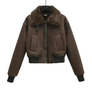 Brown faux suede aviator jacket with warm plush collar and ribbed cuffs for women