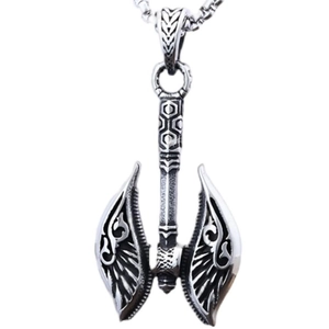 Collier pour homme en acier inoxydable avec pendentif hache viking et détails d'ailes