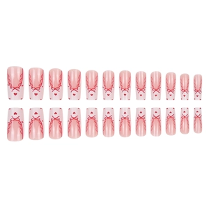 Pink press-on nails set with red bows and heart patterns in 24 pieces set